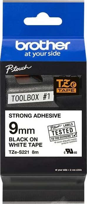 Kasetë etiketuese Brother TZe-S221, 9mm, tekst i zi në të bardhë, ngjitës i fortë, 8m