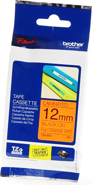 Shirit etiketues, Brother, TZe-B31, 12mm x 5m, i laminuar, i zi mbi portokalli