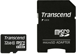 Kartelë memorie Transcend microSDHC 32GB, Class 10, me adapter, e zezë