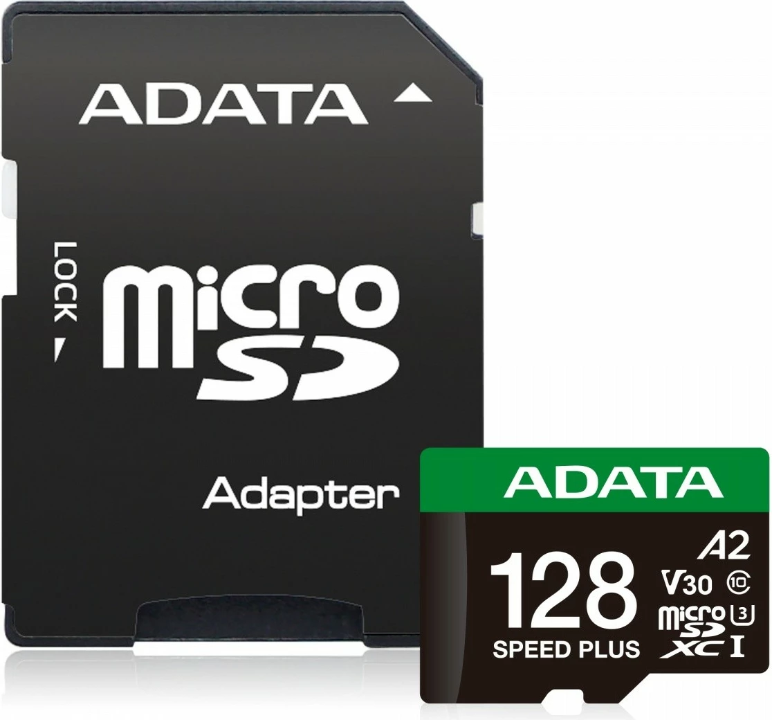 Kartë memorie microSD Adata Speed Plus 128GB, UHS-I U3 V30 A2, me adapter, e zezë
