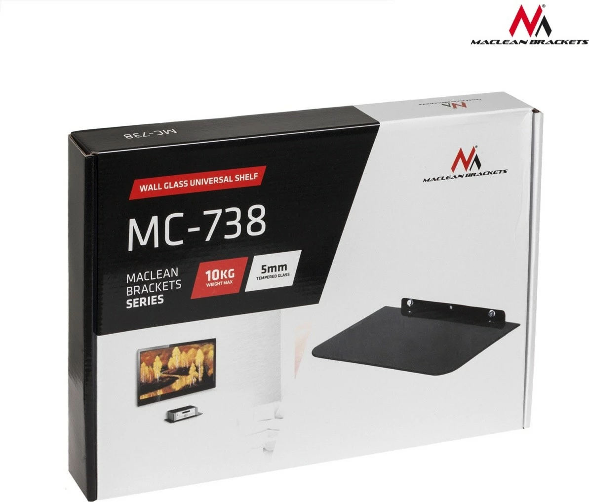 Raf muri për DVD Maclean MC-738, xham, 10kg, i zi