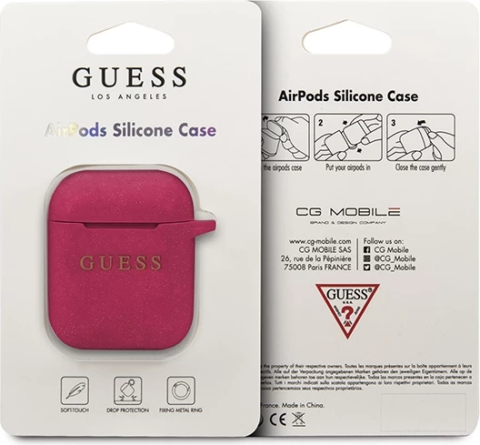 Mbështjellës Guess GUACCSILGLFU për AirPods, silikon me shkëlqim, fuchsia