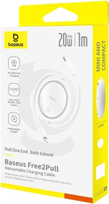Kabllo për mbushje Baseus Free2Pull, USB C në iP Lightning, 1 m, 20 W, Bardhë