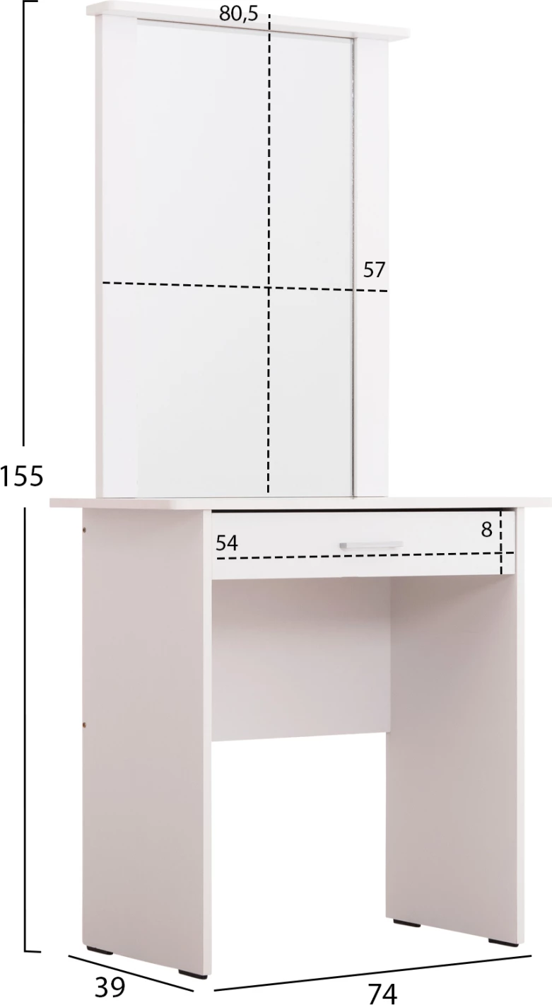 Set tavoline tualeti me pasqyrë dhe karrige CRYSTEL FH9938.01 melaminë e bardhë 74x39x155H cm.