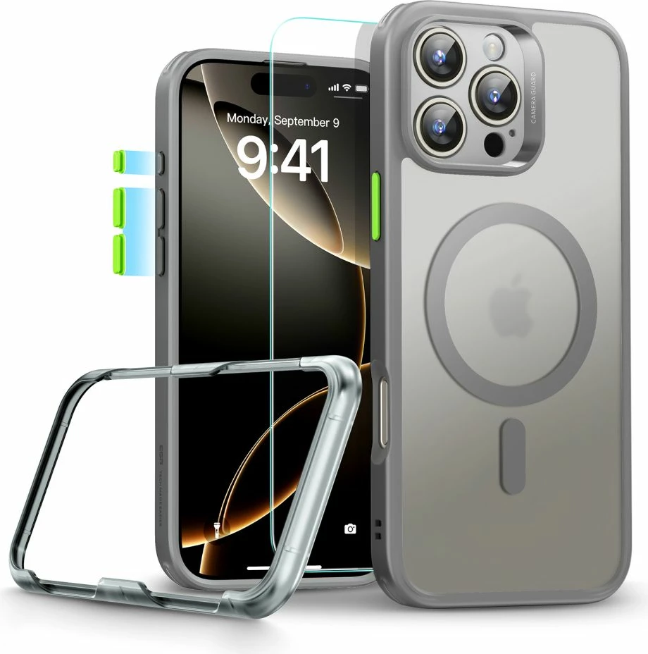 Mbështjellës ESR Classic Pro Set HaloLock MagSafe për iPhone 16 Pro, Gri, me xham mbrojtës