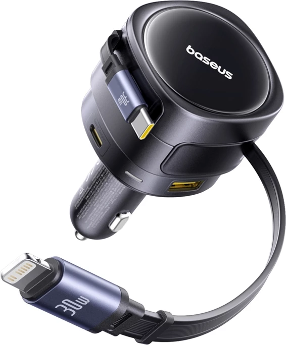 Karikues veture Baseus Enjoyment Max, 90W, 2 kabllo të integruara USB-C + Lightning, 2 porta USB-A + USB-C, zi