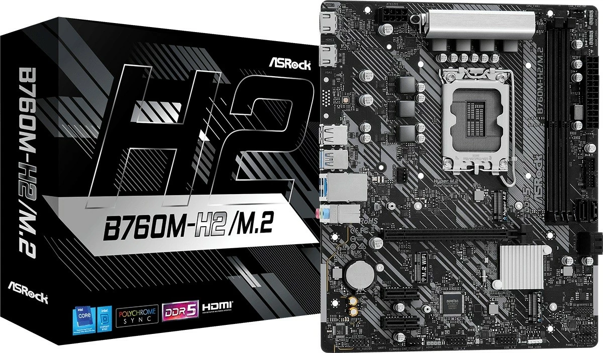 Pllakë amë, ASRock, B760M-H2/M.2, LGA1700 Intel B760, mATX, 2x DDR5 deri 128GB 7200+ OC, 1x PCIe 4.0 x16, 2x M.2 (Gen4x4), 4x SATA3, 2x HDMI, 2.5G LAN