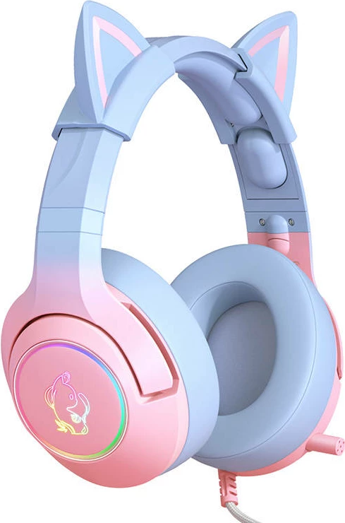 Kufje gaming ONIKUMA K9 me mikrofon, pink-blue, me veshë maceje, RGB