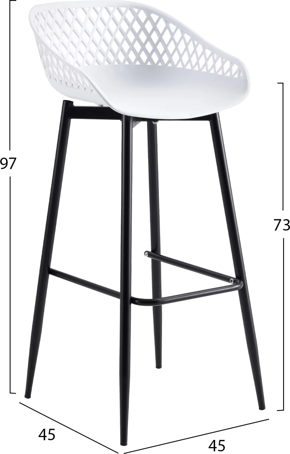 Karrige për bar FH8686.11, polipropilen e bardhë dhe këmbë metali të zeza, 45x45x97H cm