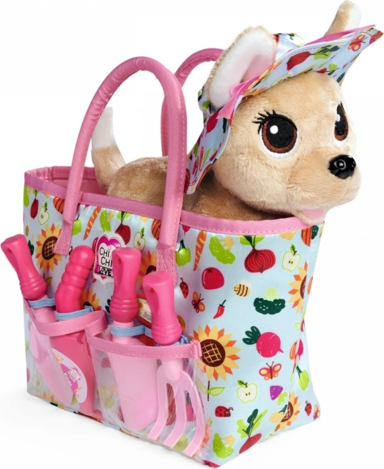 Lodër pelushi Chi Chi Love Puppy Mascot Happy Gardener me çantë dhe 6 aksesorë, shumëngjyrëshe