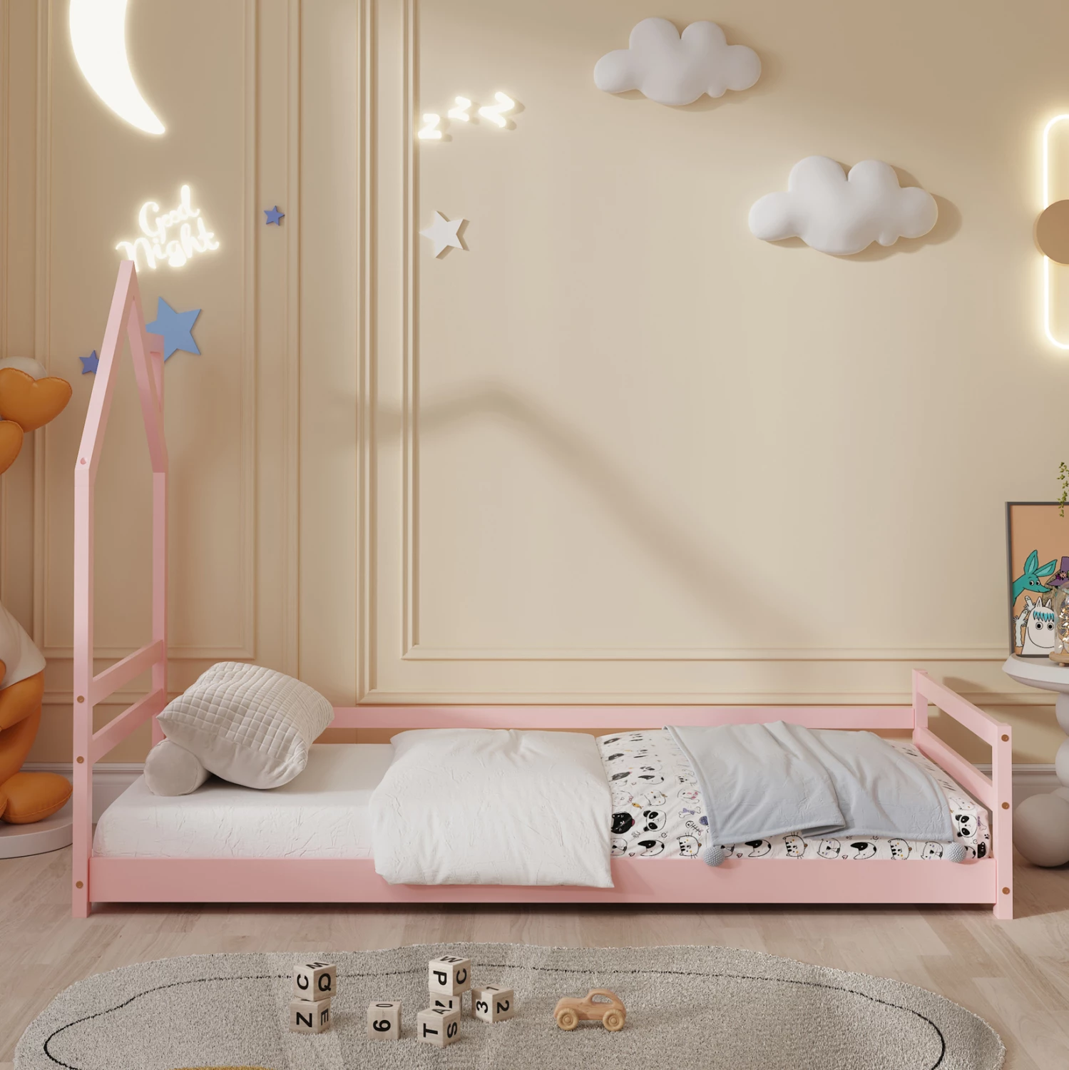 Krevat për fëmijë HOUSER FH676.06 t.MONTESSORI dru pishe i fortë ngjyrë rozë - 190x90cm